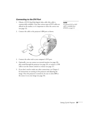 Page 25Setting Up the Projector25
Connecting to the DVI Port
1. Obtain a DVI-D dual-link digital video cable (this cable is 
commercially available). Note that various types of DVI cables are 
offered on the market, so it’s important to select the correct one 
(see page 12). 
2. Connect the cable to the projector’s 
DVI port as shown. 
 
3. Connect the other end to your computer’s DVI port.
4. Optionally, you can connect an external monitor (see page 28), 
play sound through the projector (see page 29), or...