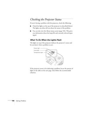 Page 100100Solving Problems
Checking the Projector Status
If you’re having a problem with the projector, check the following: 
■Check the lights on the top of the projector (as described below). 
The lights can often tell you about the nature of the problem.
■You can also view the About menu screen (page 103). This gives 
you information about the lamp life and currently selected input 
signal. 
What To Do When the Lights Flash
The lights on top of the projector indicate the projector’s status and 
let you know...