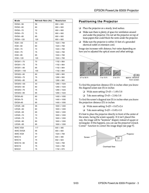 Page 4EPSON PowerLite 8300i Projector
5/03 EPSON PowerLite 8300i Projector - 3
Positioning the Projector
❏Place the projector on a sturdy, level surface.
❏Make sure there is plenty of space for ventilation around 
and under the projector. Do not set the projector on top of 
loose papers that could block the vents under the projector. 
❏Make sure the projector is within 10 feet of a grounded 
electrical outlet or extension cord. 
Image size increases with distance, but varies depending on 
how you’ve adjusted...