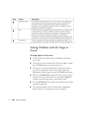 Page 7468Solving Problems
Solving Problems with the Image or 
Sound
No image appears on the screen.
Check that the power light is green, not flashing, and the lens 
cover is off. 
The projector may be in sleep mode. If the power light is orange, 
press the 
Power button to turn the projector on.
If the power was switched off and then on again, the projector 
may still be cooling down. Wait until the power light stops 
flashing and remains orange; then press the 
Power button again.
Make sure the Brightness...