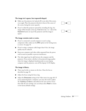 Page 77Solving Problems71
The image isn’t square, but trapezoid-shaped.
Make sure the projector isn’t placed off to one side of the screen, 
at an angle. Place the projector directly in front of the center of 
the screen, facing the screen squarely.
If you’ve tilted the projector upward by extending the legs, the 
image will be broader at the top. Hold down the 
+ or – side of the 
Keystone button on top of the projector until the image is 
square. 
The image contains static or noise.
If you’ve connected a...