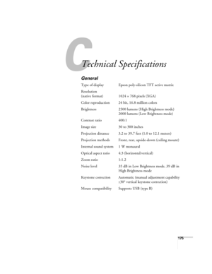 Page 175175
A
Technical Specifications
General
Type of display Epson poly-silicon TFT active matrix
Resolution
(native format) 1024 × 768 pixels (XGA)
Color reproduction 24 bit, 16.8 million colors
Brightness 2500 lumens (High Brightness mode)
2000 lumens (Low Brightness mode)
Contrast ratio 400:1
Image size 30 to 300 inches
Projection distance 3.2 to 39.7 feet (1.0 to 12.1 meters)
Projection methods Front, rear, upside-down (ceiling mount)
Internal sound system 1 W monaural
Optical aspect ratio 4:3...