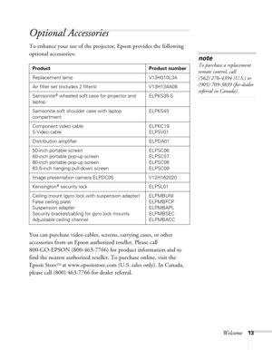 Page 13Welcome13
Optional Accessories
To enhance your use of the projector, Epson provides the following 
optional accessories:  
You can purchase video cables, screens, carrying cases, or other 
accessories from an Epson authorized reseller. Please call 
800-GO-EPSON (800-463-7766) for product information and to 
find the nearest authorized reseller. To purchase online, visit the 
Epson Store
SM at www.epsonstore.com (U.S. sales only). In Canada, 
please call (800) 463-7766 for dealer referral. 
Product...
