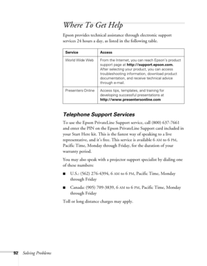 Page 9292Solving Problems
Where To Get Help
Epson provides technical assistance through electronic support 
services 24 hours a day, as listed in the following table.
Telephone Support Services
To use the Epson PrivateLine Support service, call (800) 637-7661 
and enter the PIN on the Epson PrivateLine Support card included in 
your Start Here kit. This is the fastest way of speaking to a live 
representative, and it’s free. This service is available 6
AM to 6PM, 
Pacific Time, Monday through Friday, for the...