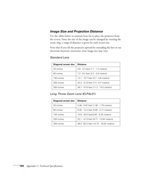 Page 110104Appendix C: Technical Specifications
Image Size and Projection Distance
Use the tables below to estimate how far to place the projector from 
the screen. Since the size of the image can be changed by rotating the 
zoom ring, a range of distance is given for each screen size. 
Note that if you tilt the projector upward by extending the feet or use 
electronic keystone correction, your image size may vary.
Standard Lens 
Long Throw Zoom Lens (ELPAL01)
Diagonal screen size Distance
30 inches 3.6 - 4.3...