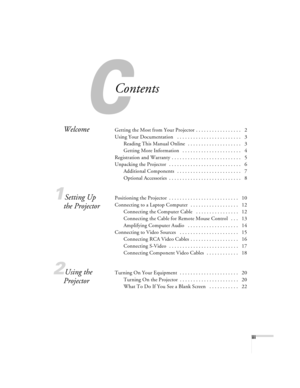 Page 3C
iii
Contents
WelcomeGetting the Most from Your Projector  . . . . . . . . . . . . . . . . .   2
Using Your Documentation   . . . . . . . . . . . . . . . . . . . . . . . .   3
Reading This Manual Online   . . . . . . . . . . . . . . . . . . . .   3
Getting More Information   . . . . . . . . . . . . . . . . . . . . . .   4
Registration and Warranty  . . . . . . . . . . . . . . . . . . . . . . . . . .   5
Unpacking the Projector   . . . . . . . . . . . . . . . . . . . . . . . . . . .   6
Additional...