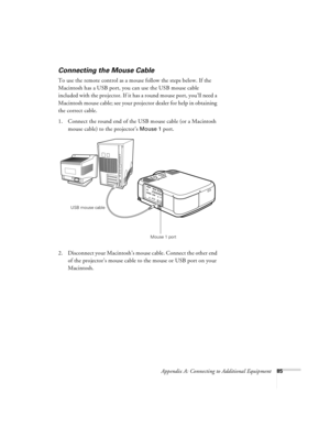 Page 91Appendix A: Connecting to Additional Equipment85
Connecting the Mouse Cable
To use the remote control as a mouse follow the steps below. If the 
Macintosh has a USB port, you can use the USB mouse cable 
included with the projector. If it has a round mouse port, you’ll need a 
Macintosh mouse cable; see your projector dealer for help in obtaining 
the correct cable.
1. Connect the round end of the USB mouse cable (or a Macintosh 
mouse cable) to the projector’s 
Mouse 1 port. 
  
2. Disconnect your...