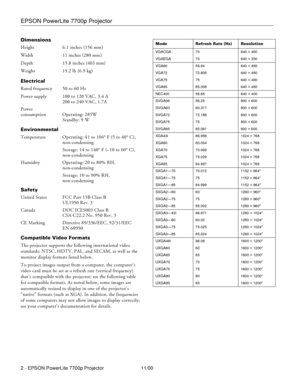 Page 2EPSON PowerLite 7700p Projector
2 - EPSON PowerLite 7700p Projector 11/00 Dimensions
Height 6.1 inches (156 mm)
Width 11 inches (280 mm)
Depth 15.8 inches (403 mm)
Weight 15.2 lb (6.9 kg)
Electrical
Rated frequency 50 to 60 Hz
Power supply 100 to 120 VAC, 3.4 A
200 to 240 VAC, 1.7A
Power 
consumption Operating: 285W
Standby: 9 W
Environmental
Temperature Operating: 41 to 104° F (5 to 40° C),
non-condensing
Storage: 14 to 140° F (–10 to 60° C),
non-condensing
Humidity Operating: 20 to 80% RH,...