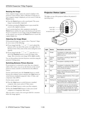 Page 6EPSON PowerLite 7700p Projector
6 - EPSON PowerLite 7700p Projector 11/00 Resizing the Image
Some computer images need to be resized to display in the 
projector’s native format: 1024 ´ 768 pixels. If only part of 
your computer image is displayed, you can correct it with the 
Resize button. 
oPress the 
Resize button on the control panel. The screen 
image is automatically compressed.
oContinue pressing the 
Resize button to pan around the 
screen in the original resolution. 
If you’re projecting from...