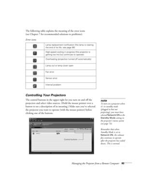 Page 93Managing the Projector from a Remote Computer85
The following table explains the meaning of the error icons 
(see Chapter 7 for recommended solutions to problems): 
Controlling Your Projectors
The control buttons in the upper-right let you turn on and off the 
projectors and select video sources. (Hold the mouse pointer over a 
button to see a description of its meaning.) Make sure you’ve selected 
the projector you want to operate (with the mouse pointer) before 
clicking one of the buttons.  Error...