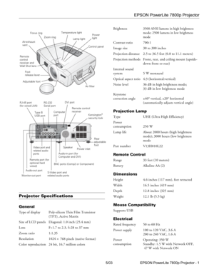 Page 2EPSON PowerLite 7800p Projector
5/03 EPSON PowerLite 7800p Projector - 1
Projector Specifications 
General
Type of display Poly-silicon Thin Film Transistor
(TFT), Active Matrix
Size of LCD panels    Diagonal: 1.0 inch (25.4 mm) 
Lens F=1.7 to 2.3, f=28 to 37 mm
Zoom ratio 1:1.35
Resolution 1024
 × 768 pixels (native format)
Color reproduction 24 bit, 16.7 million colors
Brightness 3500 ANSI lumens in high brightness 
mode; 2500 lumens in low brightness 
mode
Contrast ratio 700:1
Image size 30 to 300...