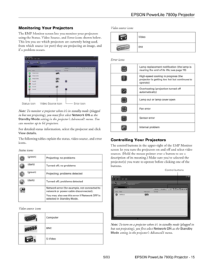 Page 16EPSON PowerLite 7800p Projector
5/03 EPSON PowerLite 7800p Projector - 15
Monitoring Your Projectors
The EMP Monitor screen lets you monitor your projectors 
using the Status, Video Source, and Error icons shown below. 
This lets you see which projectors are currently being used, 
from which source (or port) they are projecting an image, and 
if a problem occurs.
Note: To monitor a projector when it’s in standby mode (plugged 
in but not projecting), you must first select 
Network ON as the 
Standby Mode...