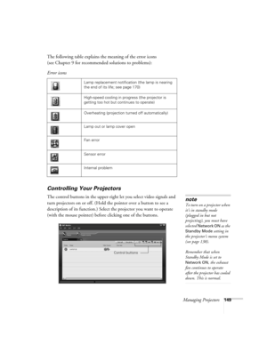 Page 149Managing Projectors149
The following table explains the meaning of the error icons 
(see Chapter 9 for recommended solutions to problems): 
Controlling Your Projectors
The control buttons in the upper-right let you select video signals and 
turn projectors on or off. (Hold the pointer over a button to see a 
description of its function.) Select the projector you want to operate 
(with the mouse pointer) before clicking one of the buttons.  Error icons
Lamp replacement notification (the lamp is nearing...