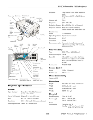 Page 2EPSON PowerLite 7850p Projector
6/03 EPSON PowerLite 7850p Projector - 1
Projector Specifications 
General
Type of display Poly-silicon Thin Film Transistor
(TFT), active matrix
Size of LCD panels    Diagonal: 1.0 inch (25.4 mm) 
Lens F=1.7 to 2.3, f=28 to 37 mm
Resolution 1024
 × 768 pixels (XGA, native format)
Color reproduction 24 bit, 16.8 million colors
Brightness 3500 lumens (ANSI) in low brightness 
mode
2500 lumens (ANSI) in high brightness 
mode
Contrast ratio 700:1
Image size 30 to 300 inches...