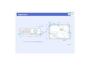 Page 119
118
User’s Guide
Appearance
Units: mm
193
276 7540.84*
5.5
70 Centre of lens
11 *Distance from center of lens to suspension bracket fixing point 14.5
242
12
75.5
3-M4 ×9
99.6
107.5 