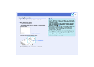 Page 101100
MaintenanceUser’s GuideReplacing Consumables
This section describes how to replace the lamp and the air filters.
It is time to replace the lamp when:
The message Replace the Lamp. appears on the screen when 
projection star ts..When the Lamp indicator is flashing orange.
The projected image gets darker or starts to deteriorate.Lamp Replacement Period
A message will be displayed.
Flashing orange
TIP
 The lamp replacement message is set to appear after the following 
periods of time in order to...