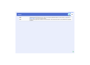 Page 113112
GlossaryUser’s Guide
WPA
Abbreviation for Wi-Fi Protected Access. This is an encryption standard that improves security which is a weak point of 
WEP
g. TKIP
g is used as the encryption method.
XGA
A type of video signal with a resolution of 1024 (horizontal) × 768 (vertical) dots which is used by IBM PC/AT-compatible 
computers. 