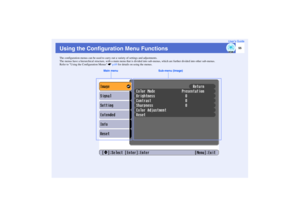 Page 5655
User’s Guide
Using the Configuration Menu FunctionsThe configuration menus can be used to carry out a variety of settings and adjustments.
The menus have a hierarchical structure, with a main menu that is divided into sub-menus, which are further divided into other sub-menus.
Refer to Using the Configuration Menus sp.69 for details on using the menus.
Main menu Sub-menu (Image) 