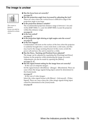 Page 81 When the Indicators provide No Help - 79
The image is unclear
·The screen is 
blurred.
·Focus can only be 
attained in certain 
areas.
Has the focus been set correctly?
see page 50
Has the projection angle been increased by adjusting the feet?
There are cases where the vertical focus is difficult to align if the 
projection angle is too large.
Is the projection distance suitable?
The recommended projection distance range is between 1.1m and 
14.5m (EMP-7600)/1.1, and 14.6 (EMP-5600). Locate the...