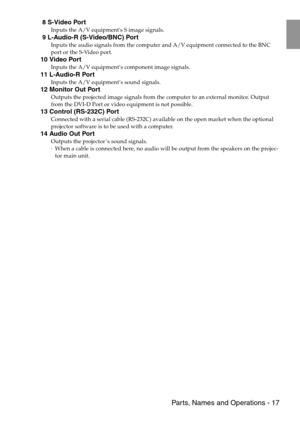 Page 19 Parts, Names and Operations - 17
 8 S-Video Port
Inputs the A/V equipments S image signals.
 9 L-Audio-R (S-Video/BNC) Port
Inputs the audio signals from the computer and A/V equipment connected to the BNC 
port or the S-Video port.
10 Video Port
Inputs the A/V equipment’s component image signals.
11 L-Audio-R Port
Inputs the A/V equipment’s sound signals.
12 Monitor Out Port
Outputs the projected image signals from the computer to an external monitor. Output 
from the DVI-D Port or video equipment is...