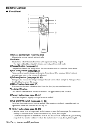 Page 2018 - Parts, Names and Operations
Remote Control
 Front Panel
 1 Remote control light-receiving area
Outputs the remote control unit’s signals.
 2 Indicator
Illuminated when the remote control unit signals are being output.
·The light will not be output if batteries are weak, or the switch is off.
 3 [Freeze] button (see page 54)
Temporarily freezes the image. Press this button once more to cancel the freeze mode.
 4 [A/V Mute] button (see page 54)
Temporarily erases the images and sound. Projection will...