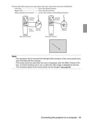 Page 37 Connecting the projector to a computer - 35
Perform the following mouse operations after the connection has been established:
Left click  - - - - - - - - - - - - - - - - - Press the [Enter] button.
Right click  - - - - - - - - - - - - - - - - Press the [Esc] button.
Mouse pointer movement - - - - - Lower the remote control [Enter] button.
Point
·The operations will be reversed if the left/right button functions of the mouse pointer have 
been amended with the computer.
·The mouse cannot be used when the...