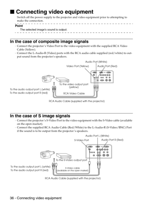 Page 3836 - Connecting video equipment

 Connecting video equipment
Switch off the power supply to the projector and video equipment prior to attempting to 
make the connection.
Point
The selected images sound is output.
In the case of composite image signals
·Connect the projector’s Video Port to the video equipment with the supplied RCA Video 
Cable (Yellow).
·Connect the L-Audio-R (Video) ports with the RCA audio cable supplied (red/white) to out-
put sound from the projectors speakers.
In the case of S...