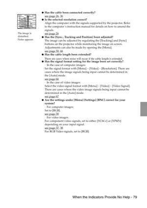 Page 81 When the Indicators Provide No Help - 79
·The image is 
disturbed.
·Noise appears
Has the cable been connected correctly?
see page 26, 36Is the selected resolution correct?
Align the computer with the signals supported by the projector. Refer 
to the computer’s instruction manual for details on how to amend the 
signals.
see page 26
Has the [Sync., Tracking and Position] been adjusted?
The image can be adjusted by regulating the [Tracking] and [Sync] 
buttons on the projector while monitoring the...