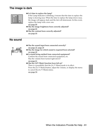 Page 83 When the Indicators Provide No Help - 81
The image is dark
No sound
Is it time to replace the lamp?
If the Lamp Indicator is blinking, it means that the time to replace the 
lamp is drawing near. When the time to replace the lamp draws near, 
the image will appear dark and the tint will deteriorate. In this event, 
replace the lamp with a new one.
see page 86
Has the image brightness been correctly adjusted?
see page 66
Has the contrast been correctly adjusted?
see page 66
Has the sound input been...