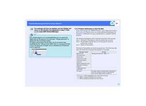 Page 102101
Projector Monitoring and Control using a Network Projector Monitoring and Control using a Network
The settings will then be applied, and the display will 
return to the window that appeared in step 2. Click 
[ ] to close EMP NetworkManager.
If an e-mail message with EPSON Projector in the subject line is sent to 
the IP addresses
 that have been set as mail notification destinations, the 
message is a notification message saying that there is a problem with the 
projector.
The following information...