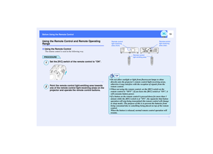 Page 1413
Before Using the Remote ControlUsing the Remote Control and Remote Operating Range
The remote control is used in the following way.PROCEDURE
Set the [R/C] switch of the remote control to ON.Point the remote control light-emitting area towards 
one of the remote control light-receiving areas on the 
projector and operate the remote control buttons.
Using the Remote Control12
Remote control 
light-receiving 
area (front)Remote control 
light-receiving 
area (rear)
Remote control 
light-emitting area...