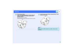 Page 132131
Maintenance Maintenance
Pull out the air filters.
Insert a flat-tipped screwdriver into the hollow as 
shown in the illustration below, and then pull it 
straight upwards.
The projector has two air filters.
Fold out the handle before removing the air filter at the side.
Insert the two new air filters, and push them in until 
they click into place.
2
3
TIP
Dispose of used air filters properly in accordance with your local 
regulations. 
