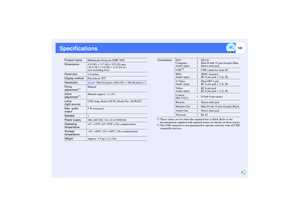 Page 144143
Specifications
*1 These values are for when the standard lens is fitted. Refer to the 
documentation supplied with optional lenses for details on those lenses.
*2 The USB connector is not guaranteed to operate correctly with all USB-
compatible devices. Product nameMultimedia Projector EMP-7800
Dimensions419 (W) ×
 117 (H) ×
 325 (D) mm 
(16.5 (W) ×
 4.6 (H) ×
 12.8 (D) in.) 
(not including feet)
Panel size1.0 inches
Display methodPolysilicon TFT
Resolution
XGA
 786,432 pixels (1024 (W) 
× 768 (H)...