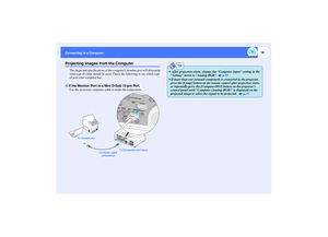 Page 1918
Connecting to a ComputerProjecting Images from the Computer
The shape and specifications of the computers monitor port will determine 
what type of cable should be used. Check the following to see which type 
of port your computer has.
Use the accessory computer cable to make the connections.If the Monitor Port is a Mini D-Sub 15-pin Port
Computer cable 
(accessory) To monitor port
To [Computer] port (blue)
TIP
  After projection starts, change the Computer Input setting in the 
Setting menu to...