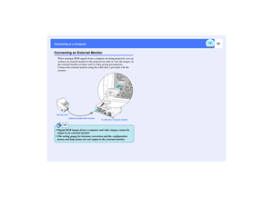 Page 2625
Connecting to a ComputerConnecting an External Monitor
When analogue RGB signals from a computer are being projected, you can 
connect an external monitor to the projector in order to view the images on 
the external monitor at times such as when giving presentations.
Connect the external monitor using the cable that is provided with the 
monitor.
Cable provided with monitor
To [Monitor Out] port (black) Monitor port
TIP
 Digital RGB images from a computer and video images cannot be 
output to an...