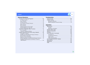 Page 65
ContentsAdvanced Operations
Functions for Enhancing Projection ..................................... 60
A/V Mute Function ................................................................... 60
Freeze Function......................................................................... 61
E-Zoom Function ...................................................................... 61
P in P (Picture in Picture) Function .......................................... 62
Effect...