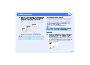 Page 6362
Functions for Enhancing Projection Functions for Enhancing Projection
When the [ ] button is pressed, the image is enlarged 
with the cross at its centre. When the [ ] button is 
pressed, the enlarged image is then reduced.
The enlargement ratio will appear at the bottom-right of the 
screen.
You can scroll around the image by tilting the [ ] button.
To cancel the E-Zoom function, press the [ESC] button.
P in P (Picture in Picture) Function
This function lets you display separate images in a smaller...