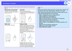 Page 2625
Connecting to a ComputerEMP-7850 User’s Guide
Once the connection has been made, the mouse pointer can be operated as 
follows.Moving the mouse pointerTilt the [ ] button on the remote 
control to move the mouse pointer in 
the direction of tilt. 
Left clickPress the [Enter ( )] button.
If you press the [Enter ( )] button twice 
in rapid succession, it has the effect of 
a double-click.
Right clickPress the [ESC ( )] button.
Drag and dropWhen you hold down the [Enter ( )] 
button for approximately 1.5...