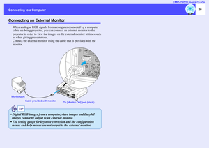 Page 2726
Connecting to a ComputerEMP-7850 User’s Guide
Connecting an External Monitor
When analogue RGB signals from a computer connected by a computer 
cable are being projected, you can connect an external monitor to the 
projector in order to view the images on the external monitor at times such 
as when giving presentations.
Connect the external monitor using the cable that is provided with the 
monitor.
Cable provided with monitor
To [Monitor Out] port (black) Monitor port
TIP
 Digital RGB images from a...