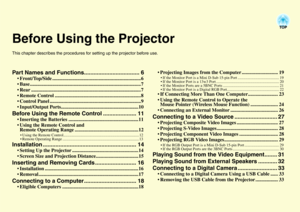 Page 6Before Using the ProjectorThis chapter describes the procedures for setting up the projector before use.Part Names and Functions................................... 6
• Front/Top/Side .......................................................................6
 Base.........................................................................................7
 Rear ........................................................................................7
 Remote Control...