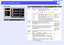 Page 8382
Using the Configuration Menu Functions Using the Configuration Menu FunctionsEMP-7850 User’s Guide
Effect Menu
Set
Video
Audio
Setting
Users Logo
Advanced1
Color Mode Pointer/Line1
Color:
:[Menu]: Exit
Pointer Speed ointer Speed 
:
[    ]: Enter [    ]: Select
About
Reset AllAdvanced2Effect
Zoom Rate
:100%Color
WidthSet
Pointer/Line2
Set
Pointer/Line3Zoom Rate
:100%
Zoom Rate:100%LMExecuteExecute
: : Color
Width
: : Color
Width
H
ResetReset
Sub-menu
Function
Default
Pointer/
Line1
Sets the pointer or...