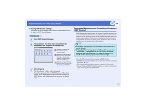 Page 103102
Projector Monitoring and Control using a Network
A projector list that has already been recorded by EMP Monitor can also 
be shared by EMP NetworkManager.PROCEDURE
Start EMP NetworkManager.The projectors that have been recorded will be 
displayed in the projector list display area.Click [Import].
The file selection window will be displayed.
Select the registration file for EMP Monitor and then click 
[Open]. A list of the projectors that have been registered by 
EMP Monitor will be displayed in the...