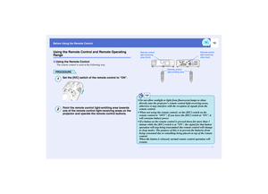 Page 1413
Before Using the Remote Control
Using the Remote Control and Remote Operating Range
The remote control is used in the following way.PROCEDURE
Set the [R/C] switch of the remote control to ON.Point the remote control light-emitting area towards 
one of the remote control light-receiving areas on the 
projector and operate the remote control buttons.
Using the Remote Control12
Remote control 
light-receiving 
area (front)Remote control 
light-receiving 
area (rear)
Remote control 
light-emitting area...