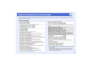 Page 135134
Optional Accessories and ConsumablesThe following optional accessories are available for purchase if required. This list of optional accessories is current as of September 2004. Details of accessories 
are subject to change without notice.
*1 The 40 Billboard Vision screen and the long throw zoom lens cannot be used together.
*2 A special method of installation is required in order to suspend the 
projector from the ceiling. Please contact your supplier if you would 
like to use this installation...