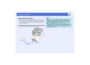 Page 2625
Connecting to a Video Source
Projecting RGB Video Images
RGB video is used when projecting RGB signals from a video source other 
than a computer that is connected to the projector. Either of the following 
two connection methods can be used. Use whichever method is suitable for 
the video equipments port.
Use the accessory computer cable to make the connections.If the RGB Output Port is a Mini D-Sub 15-pin Port (Example)To RGB output port
To [Computer] port (blue)
Computer cable 
(accessory)
TIP
...