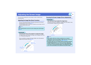 Page 3837
Adjusting the Screen ImageYou can correct and adjust the screen images in order to obtain the best 
possible pictures.Adjusting the Image Size (Zoom Function)
The size of the projected images is basically determined by the distance 
from the projector to the screen.   p.16
The following procedures explain how to adjust the screen images once the 
projector itself has been set up.PROCEDURETurn the zoom ring on the projector to adjust the image.
If a Wide Zoom Lens is fitted, the image can be enlarged...