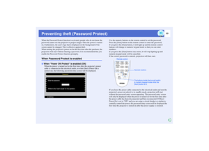 Page 5453
Preventing theft (Password Protect)When the Password Protect function is activated, people who do not know the 
password cannot use the projector to project images when the power is turned 
on. Furthermore, the users logo that is displayed on the background of the 
screen cannot be changed. This is effective against theft.
When turning the projectors power on for the first time after the purchase, the 
projection will start without entering a password. It is recommended that you 
enable the Password...