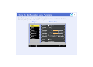 Page 7372
Using the Configuration Menu FunctionsThe configuration menus can be used to carry out a variety of settings and adjustments.
The menus have a hierarchical structure, with a main menu that is divided into sub-menus, which are further divided into other sub-menus.
Refer to Using the Configuration Menus (  p.91) for details on using the menus.
Video
Audio
Color Mode Position
Tracking
Sync.
Brightness
Contrast
Sharpness
:
: :
: :
Select 0000
     0
     0
    0
+
-+
-
Adjust
[Presentation    ]
:
:...