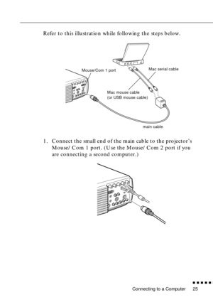 Page 46Connecting to a Computer
          
25
Refer to this illustration while following the steps below. 
1. Connect the small end of the main cable to the projector’s 
Mouse/Com 1 port. (Use the Mouse/Com 2 port if you 
are connecting a second computer.)
Mac serial cable
Mouse/Com 1 port
main cable Mac mouse cable
(or USB mouse cable) 