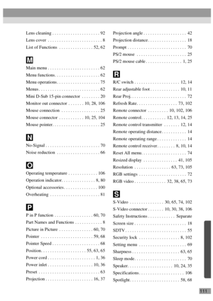 Page 113111 Lens cleaning . . . . . . . . . . . . . . . . . . . . . 92
Lens cover  . . . . . . . . . . . . . . . . . . . . . . . . 8
List of Functions  . . . . . . . . . . . . . . . 52, 62
Main menu . . . . . . . . . . . . . . . . . . . . . . . 62
Menu functions. . . . . . . . . . . . . . . . . . . . 62
Menu operations . . . . . . . . . . . . . . . . . . . 75
Menus . . . . . . . . . . . . . . . . . . . . . . . . . . . 62
Mini D-Sub 15-pin connector  . . . . . . . . 20
Monitor out connector  . . . . . . . 10, 28,...